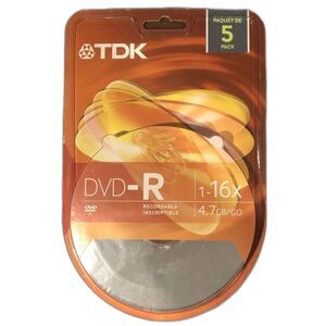 TDK DVD-R Blank Discs 5 Pack 1-16x Speed 4.7GB 120 Min Recordable New Sealed